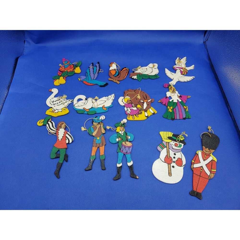 14 Vtg Flat Wooden Christmas Ornaments Hand Painted Double Sided 12 Days of Xmas